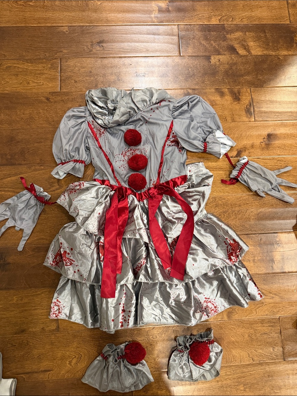 Silver and Red Bloody Clown Kids Costume Dress with Pom Details